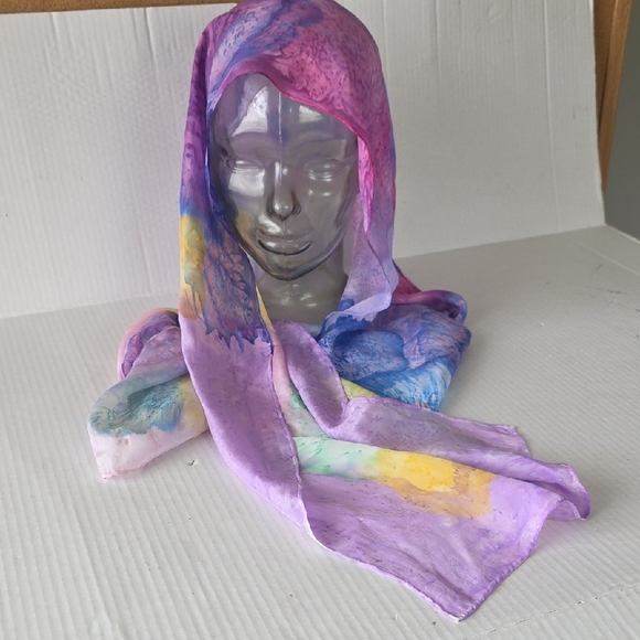 Accessories - 100% Silk Watercolor Tie‑Dye Oblong Scarf 13x67 Pastel Purple Blue